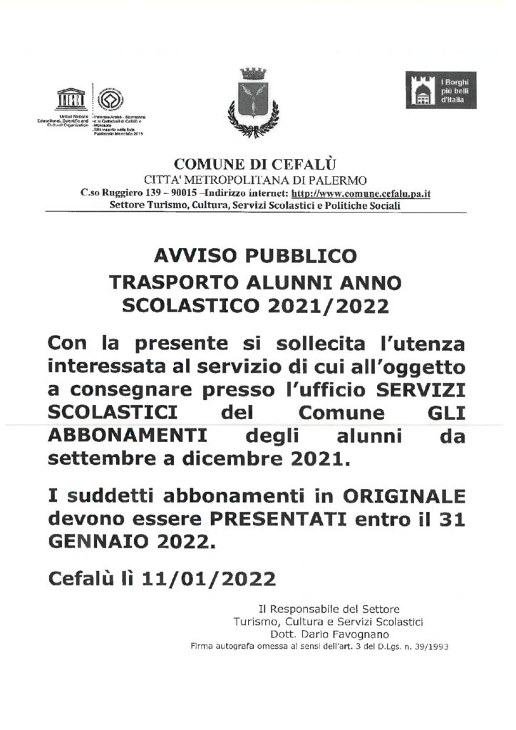 Avviso pubblico trasporto alunni anno scolastico 2021/2022 – Comune di ...